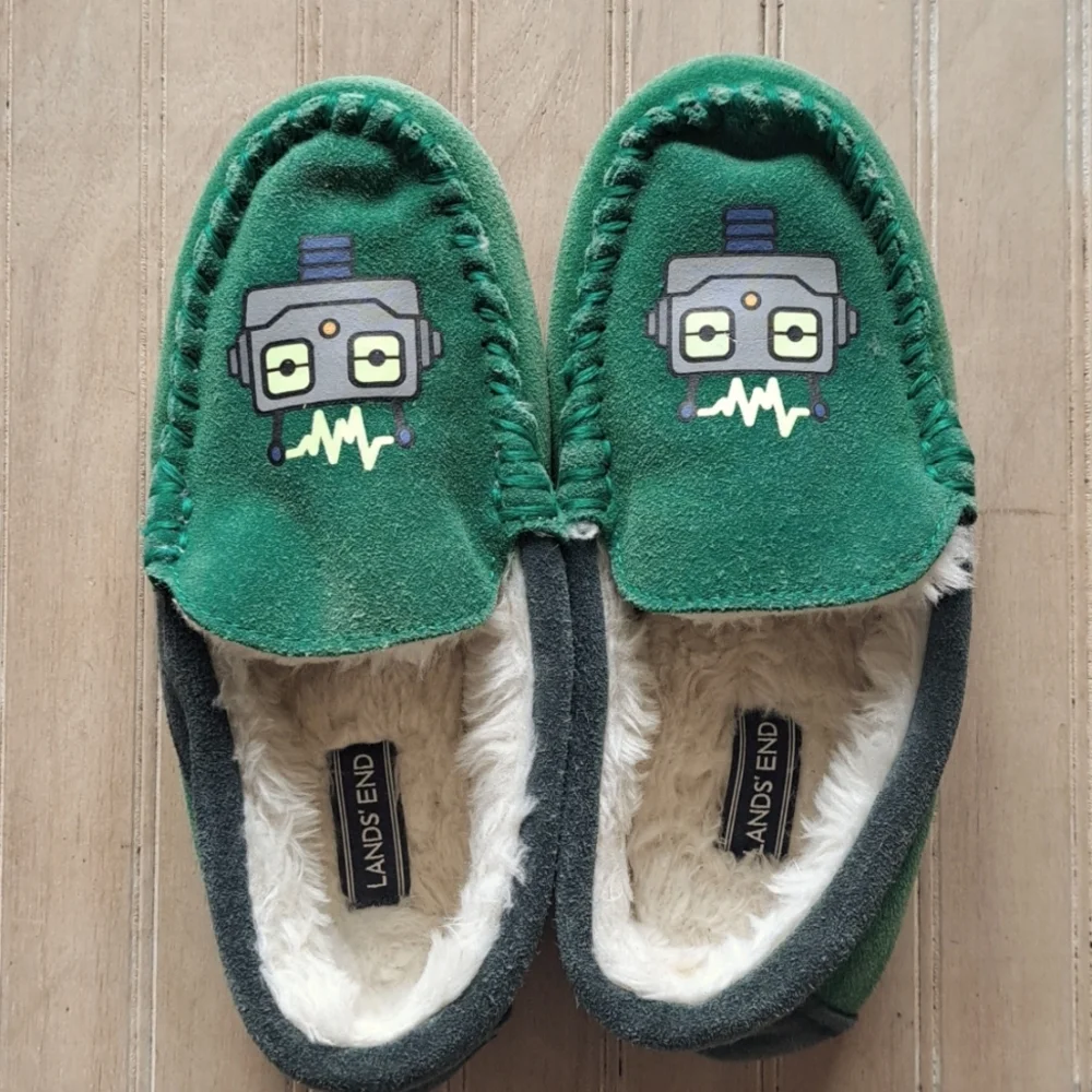 Lands' End Kids' Fuzzy Lined Suede Leather Moccasin Slippers Robot Design
